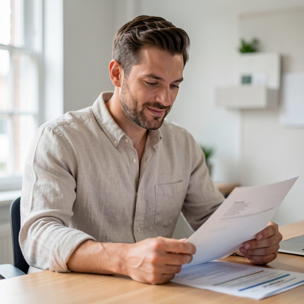 Portrait of a man in a light linen shirt reviewing printed batch documentation at a clean wooden desk in a naturally lit London studio