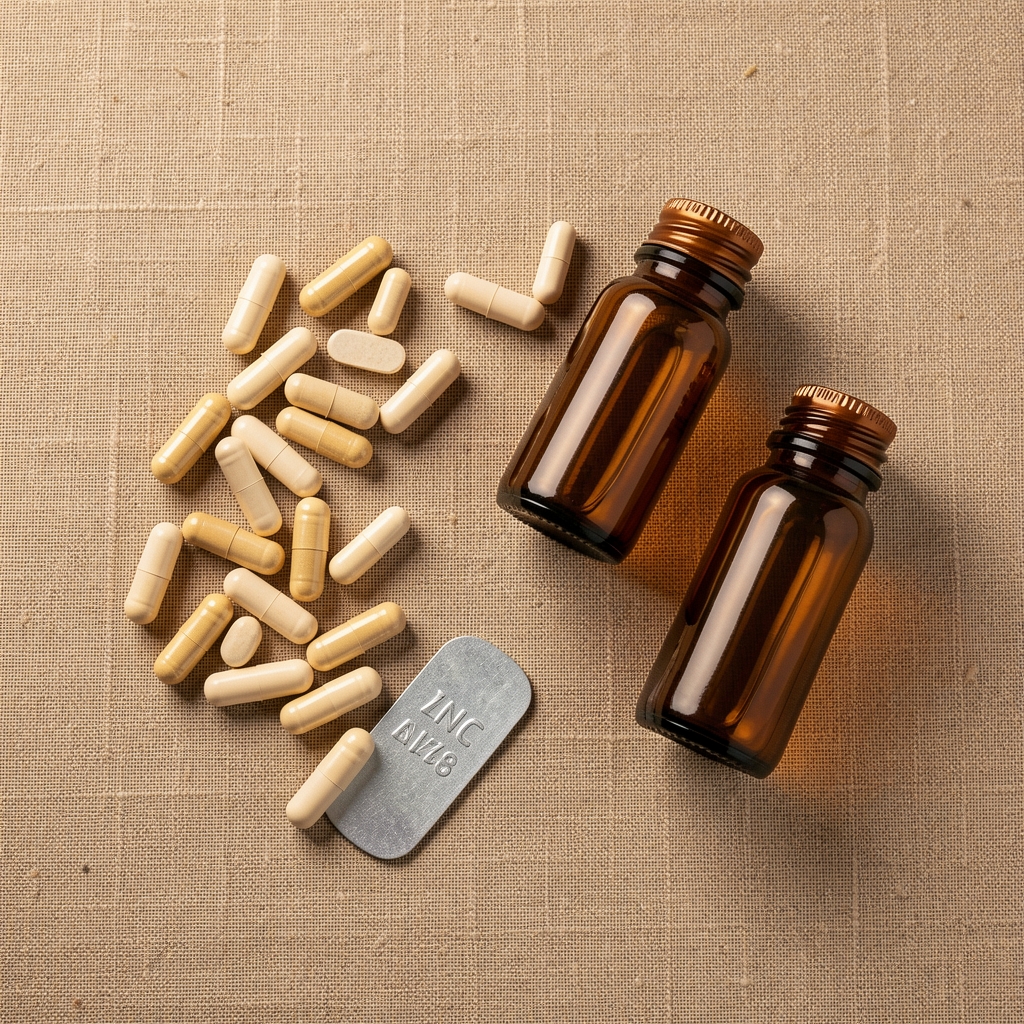 Flat lay of natural supplement capsules, amber glass bottles, and a zinc tablet arranged on a warm linen surface under studio lighting