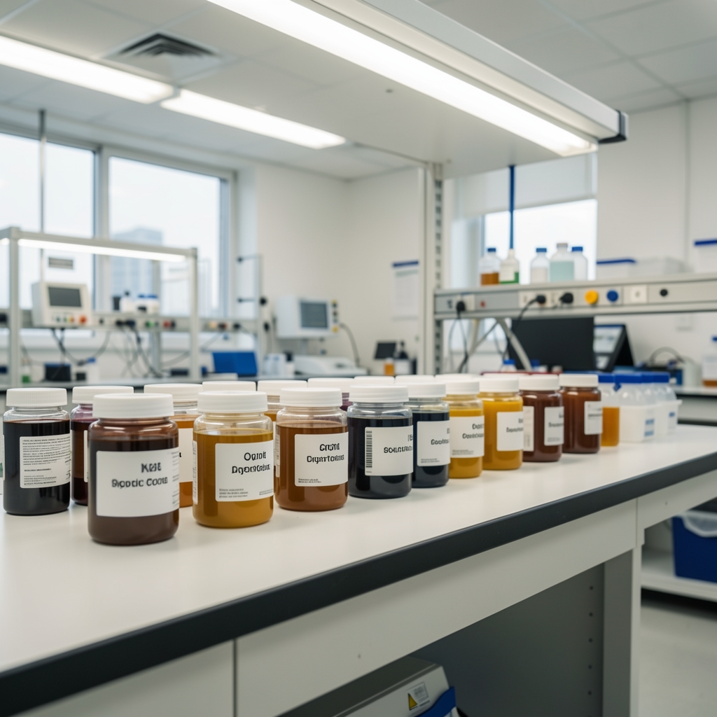 A quality-control bench with coded ingredient sample containers arranged in a row under bright overhead lighting in a clean workspace
