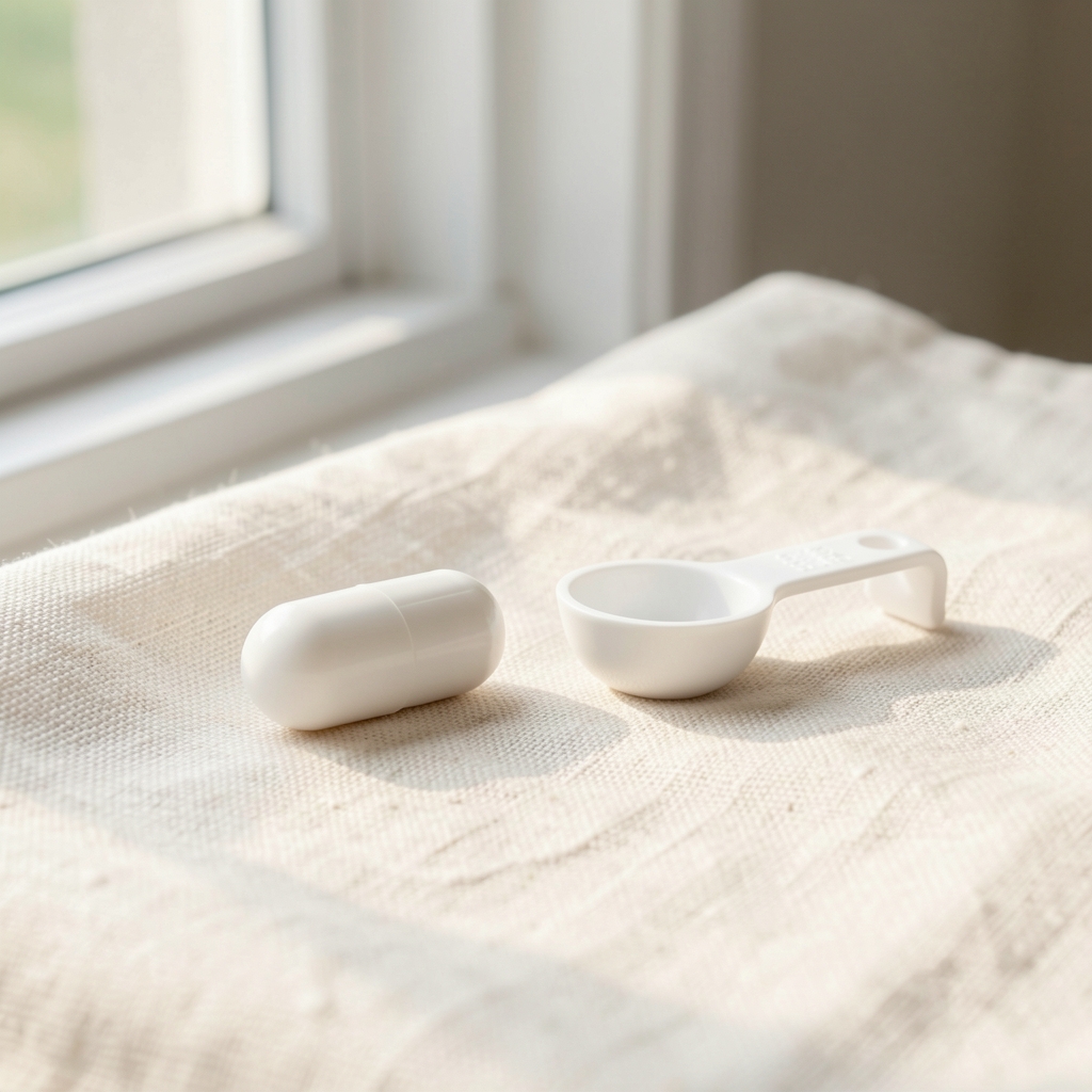 Close-up of a white supplement capsule beside a small measuring spoon on a cream linen cloth, bright natural light from a side window