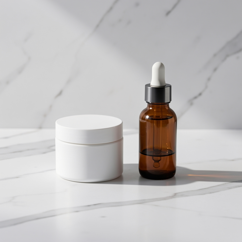 Minimalist skincare jar and dropper bottle arranged on a white marble surface under controlled studio lighting with soft shadows