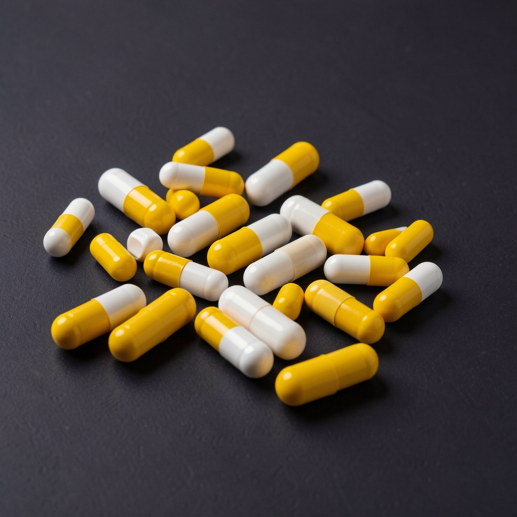 Scattered yellow and white vitamin capsules on a deep charcoal background, highlighting the contrast of the supplement colours