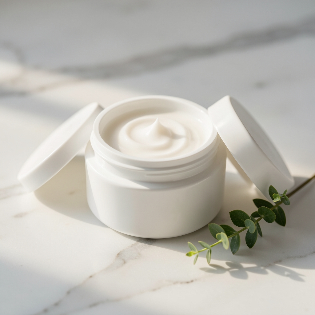 White ceramic jar of face cream half-open on a marble surface, photographed under soft natural light with a small botanical sprig nearby