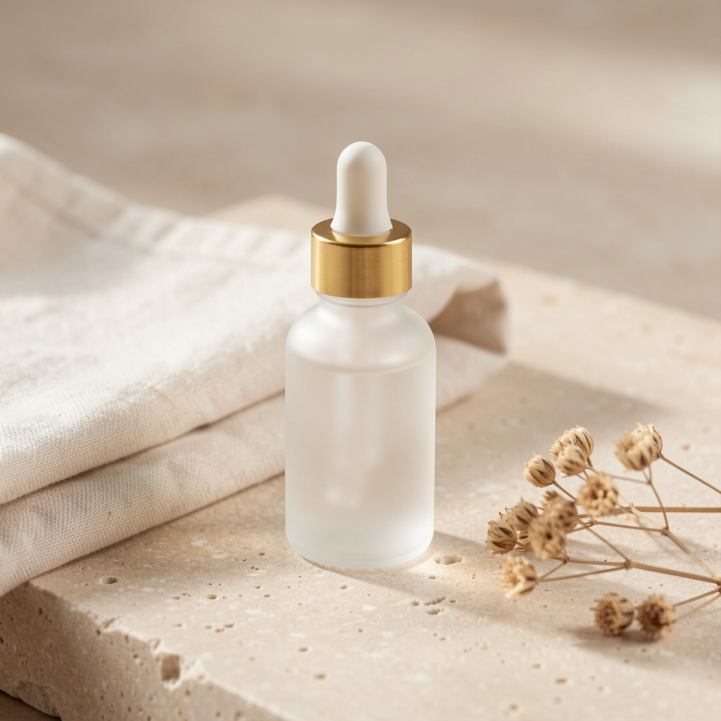 Frosted glass serum dropper bottle on a pale stone surface next to a folded cotton cloth and a single dried flower stem