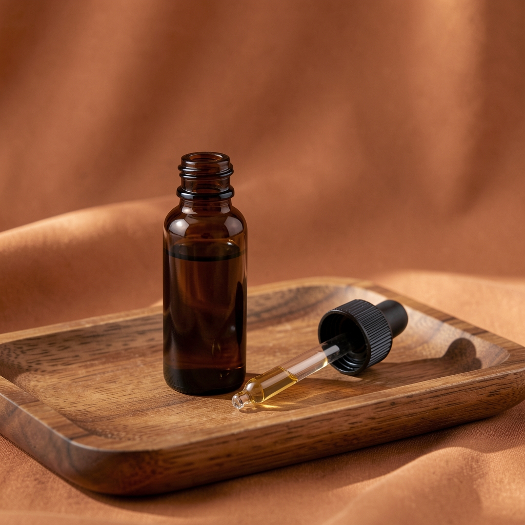 Slim dark glass bottle of facial oil beside a dropper on a wooden tray with a warm-toned background fabric