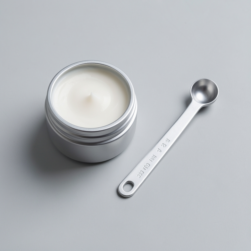 Compact aluminium tin of eye cream beside a measuring spoon on a light grey surface with precise overhead lighting