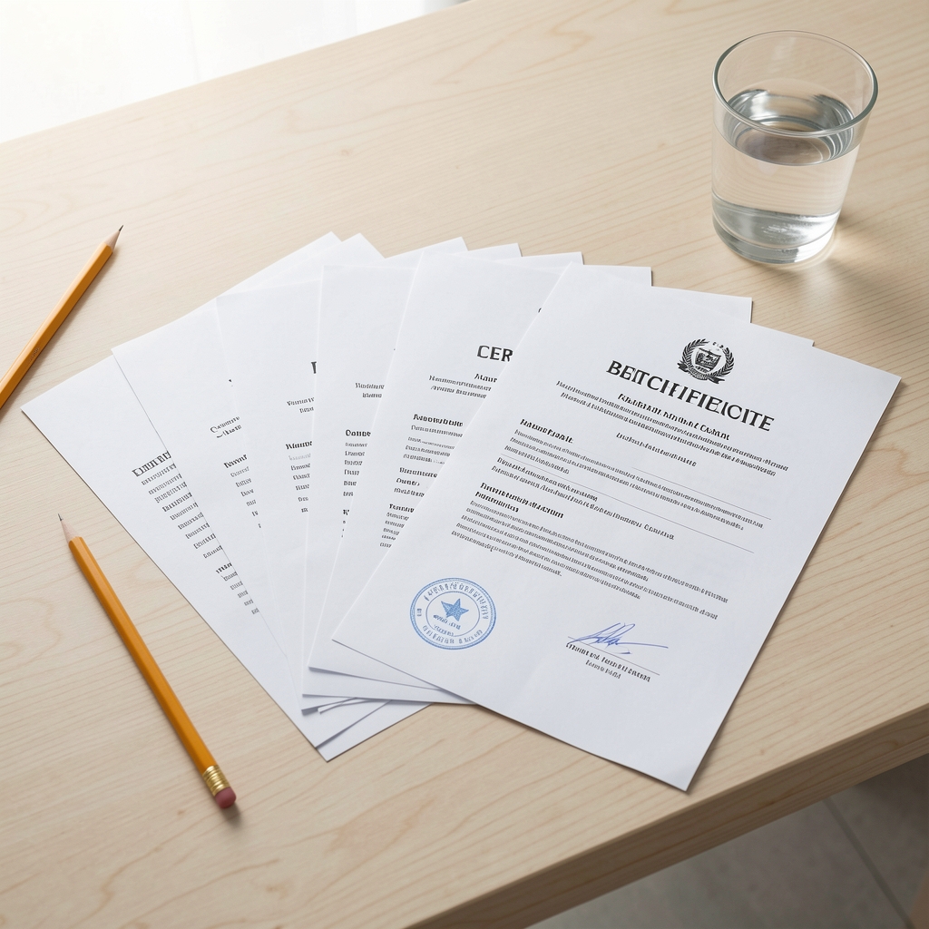 A clean workspace showing printed batch certificates fanned across a pale wooden surface with a pencil and a glass of water
