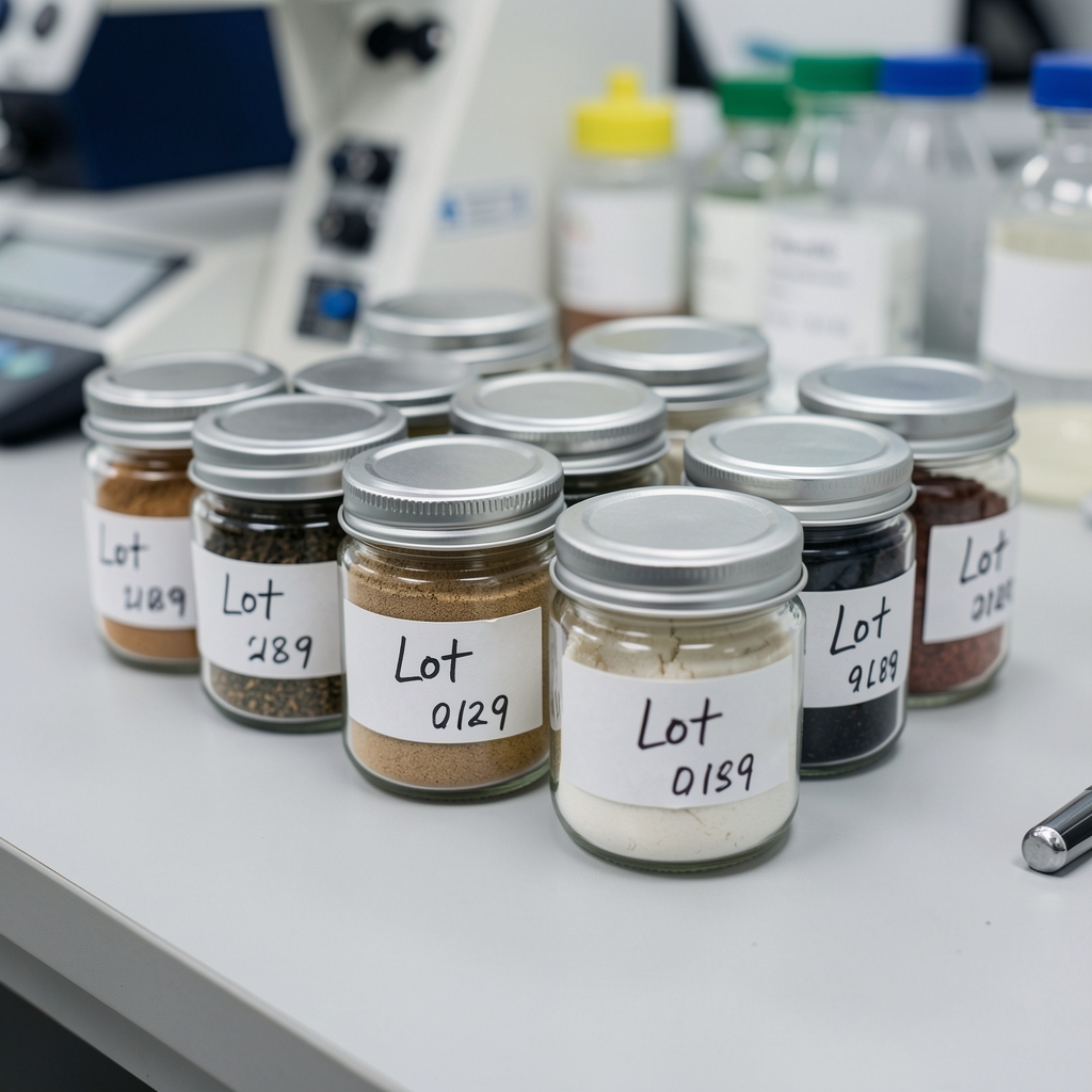 Close-up of ingredient sample jars labelled with handwritten lot codes arranged on a light grey analysis bench